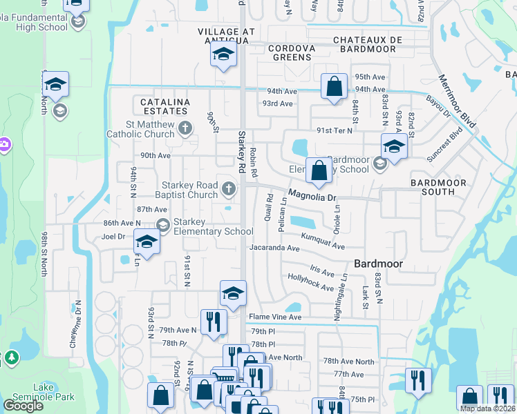 map of restaurants, bars, coffee shops, grocery stores, and more near 8774 Quail Road in Seminole
