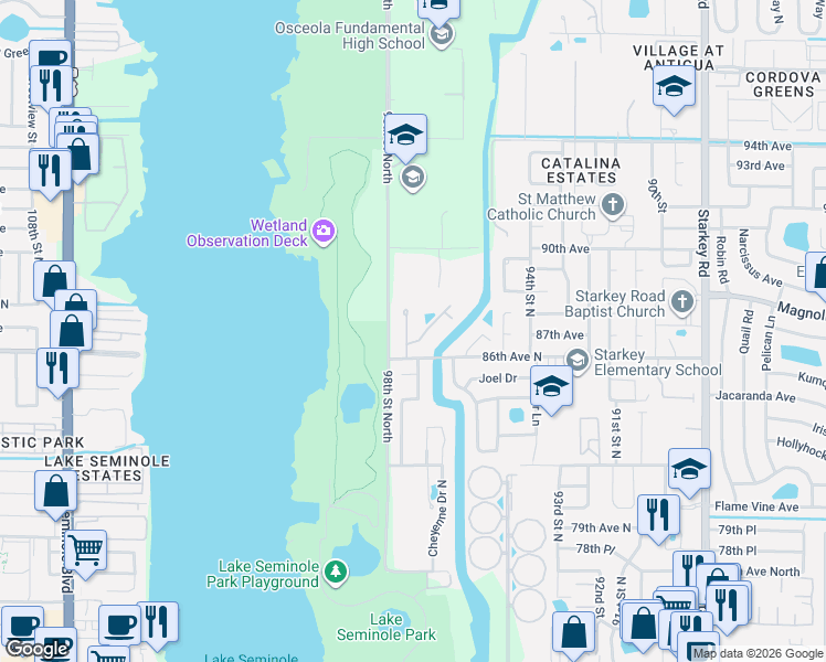 map of restaurants, bars, coffee shops, grocery stores, and more near 9555 86th Avenue in Seminole