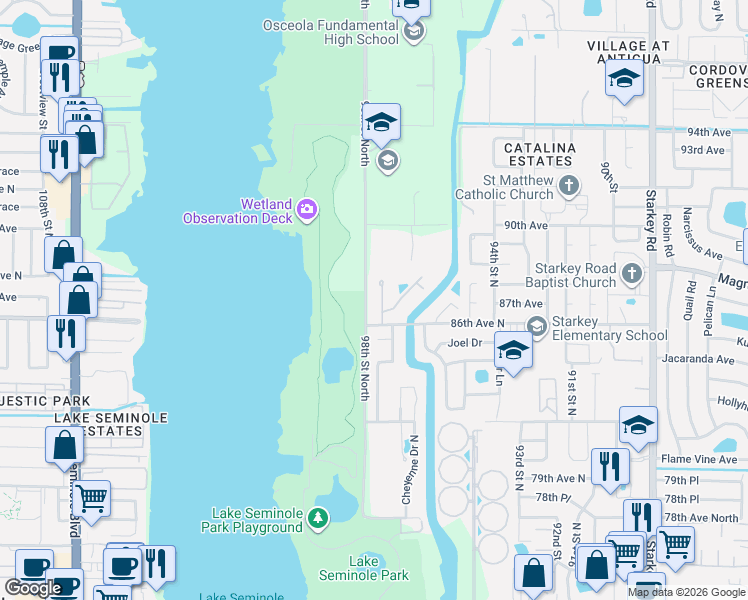 map of restaurants, bars, coffee shops, grocery stores, and more near 9755 86th Avenue in Seminole