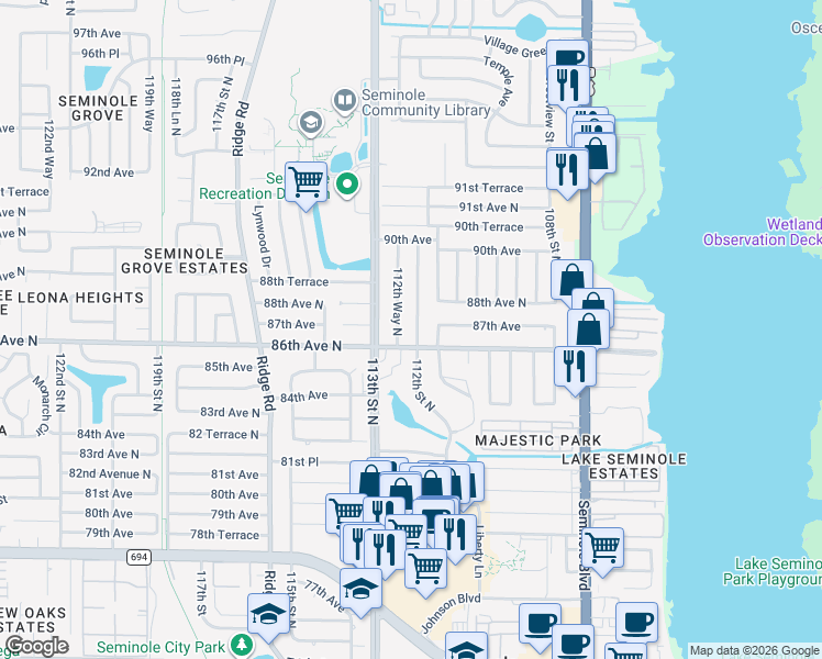 map of restaurants, bars, coffee shops, grocery stores, and more near 8736 112th Street North in Seminole