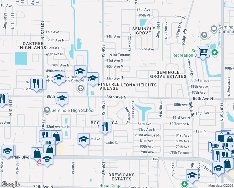 map of restaurants, bars, coffee shops, grocery stores, and more near 8660 Pinetree Drive West in Seminole