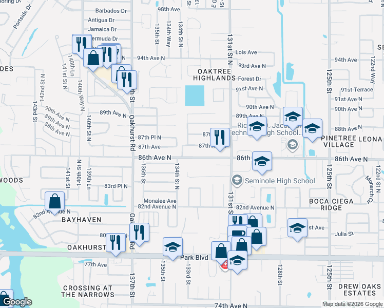 map of restaurants, bars, coffee shops, grocery stores, and more near 13299 87th Avenue North in Seminole