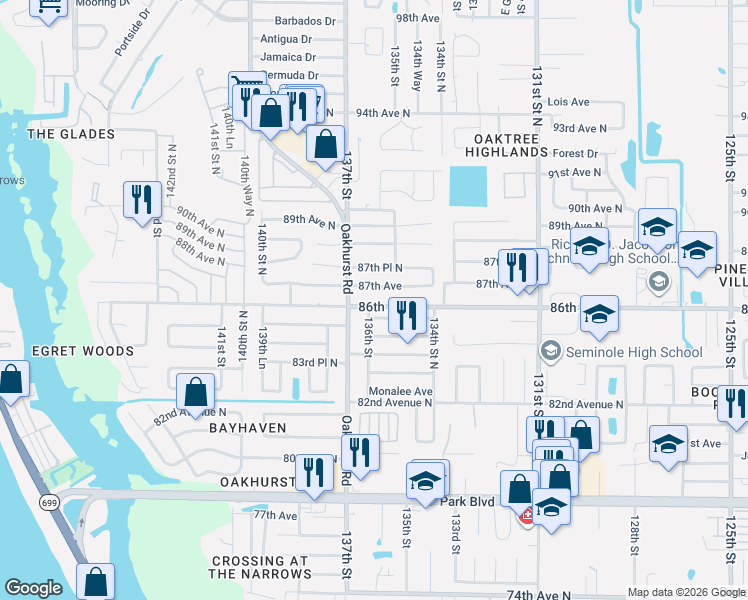 map of restaurants, bars, coffee shops, grocery stores, and more near 13623 87th Avenue in Seminole
