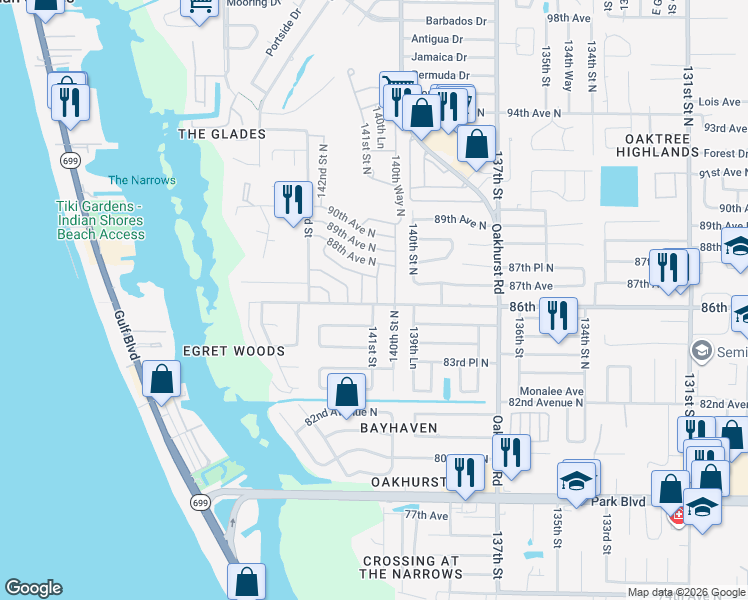 map of restaurants, bars, coffee shops, grocery stores, and more near 8669 141st Street in Seminole