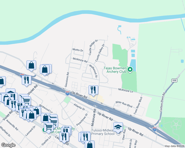 map of restaurants, bars, coffee shops, grocery stores, and more near 124 Honeywood Street in Corpus Christi