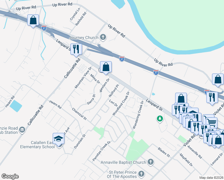 map of restaurants, bars, coffee shops, grocery stores, and more near 4302 Western Drive in Corpus Christi