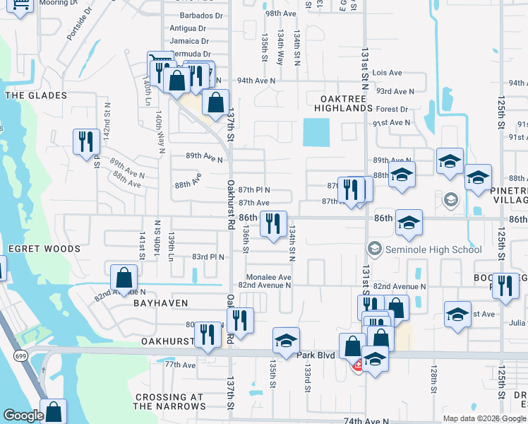 map of restaurants, bars, coffee shops, grocery stores, and more near 13513 87th Avenue in Seminole