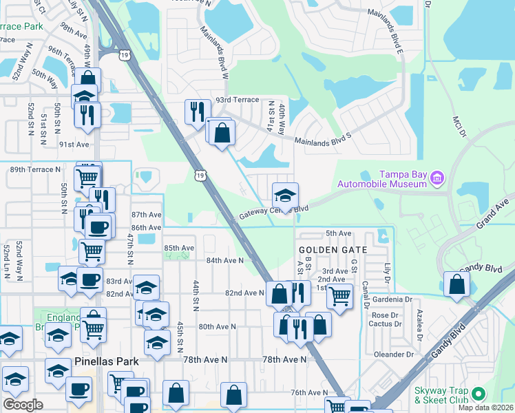 map of restaurants, bars, coffee shops, grocery stores, and more near 8851 US Highway 19 North in Pinellas Park