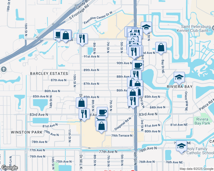 map of restaurants, bars, coffee shops, grocery stores, and more near 658 87th Terrace North in St. Petersburg