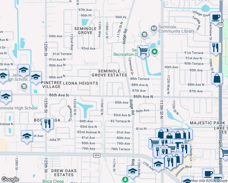 map of restaurants, bars, coffee shops, grocery stores, and more near 11755 87th Avenue in Seminole