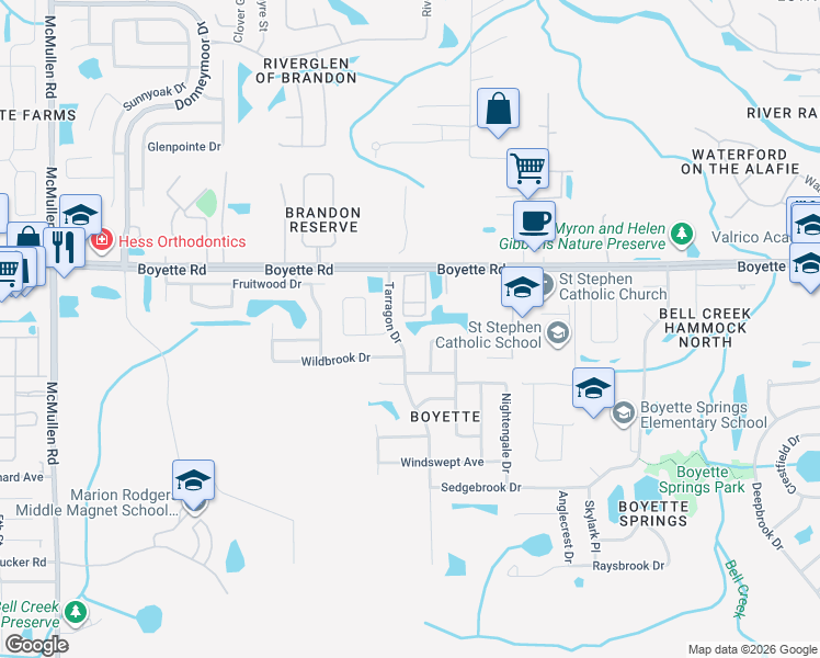 map of restaurants, bars, coffee shops, grocery stores, and more near 10114 Tarragon Drive in Riverview