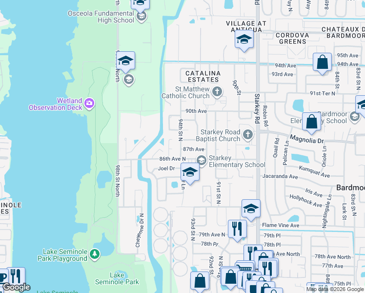 map of restaurants, bars, coffee shops, grocery stores, and more near 8701 94th Street North in Seminole