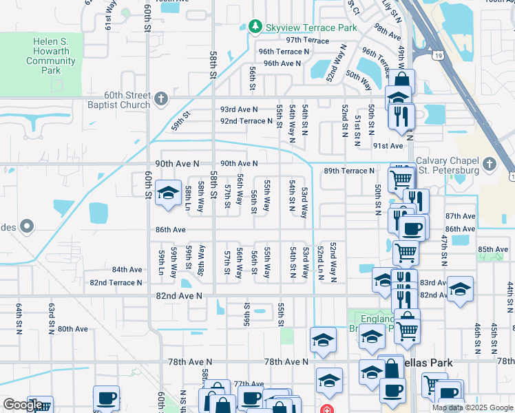 map of restaurants, bars, coffee shops, grocery stores, and more near 8800 56th Street in Pinellas Park