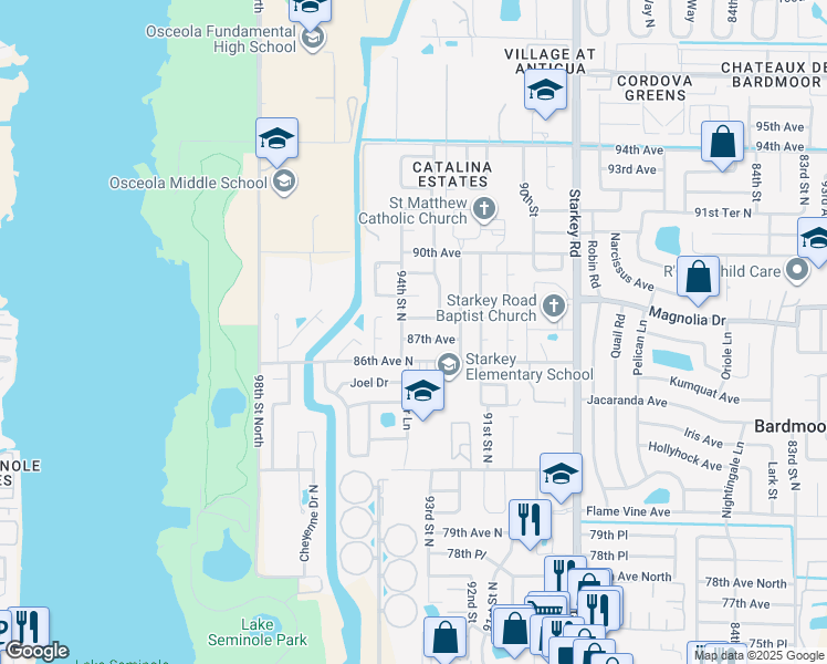 map of restaurants, bars, coffee shops, grocery stores, and more near 9355 87th Terrace in Seminole