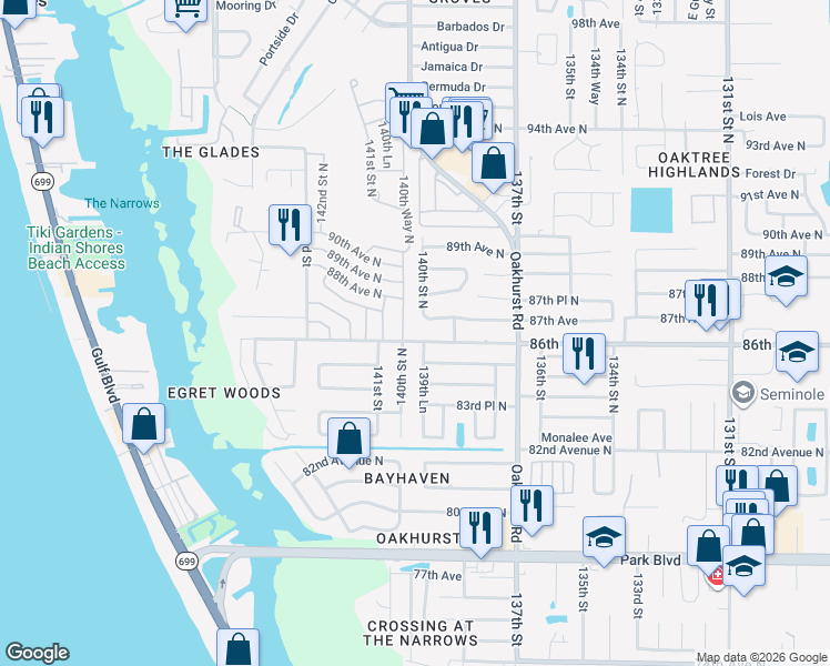 map of restaurants, bars, coffee shops, grocery stores, and more near 13951 87th Avenue in Seminole