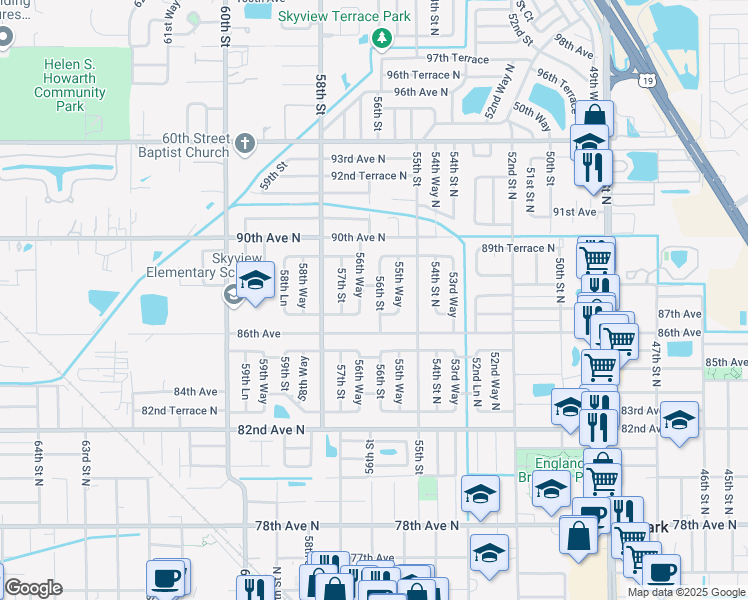 map of restaurants, bars, coffee shops, grocery stores, and more near 8740 56th Street in Pinellas Park