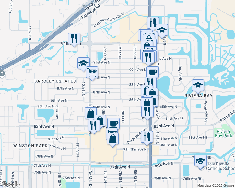 map of restaurants, bars, coffee shops, grocery stores, and more near 712 87th Avenue North in Saint Petersburg