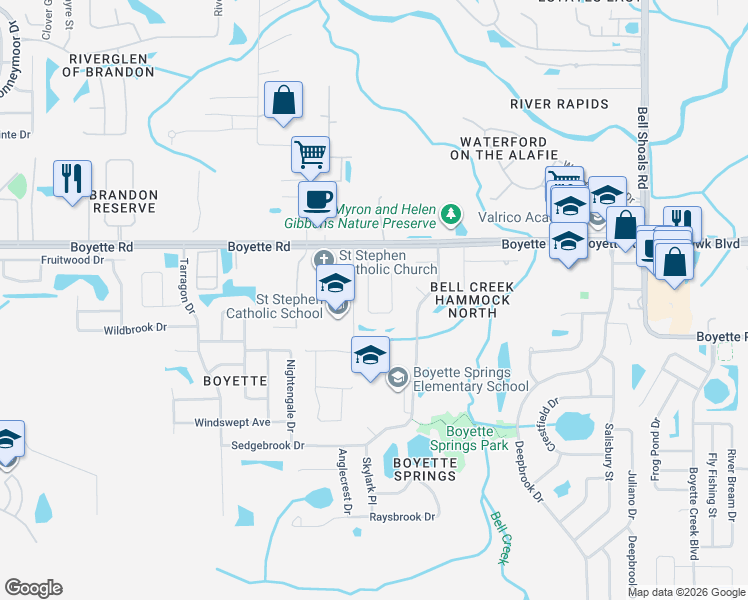 map of restaurants, bars, coffee shops, grocery stores, and more near 10110 Paddock Oaks Drive in Riverview