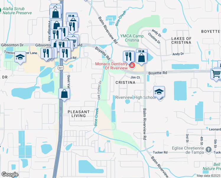 map of restaurants, bars, coffee shops, grocery stores, and more near 10314 Oak Forest Drive in Riverview