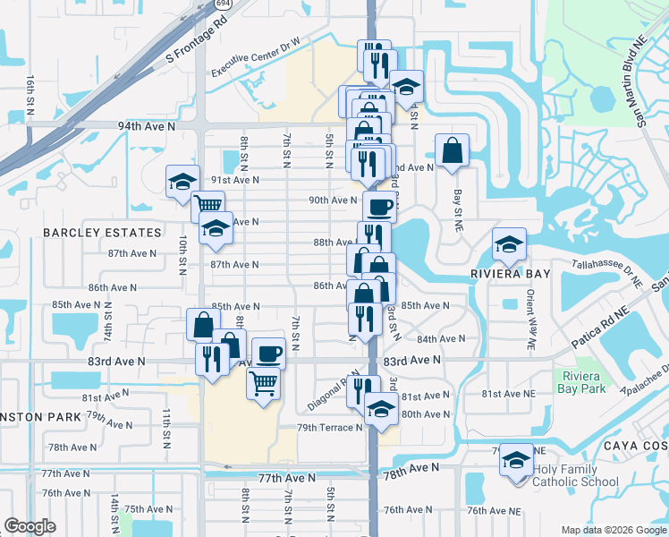 map of restaurants, bars, coffee shops, grocery stores, and more near 460 87th Avenue North in St. Petersburg