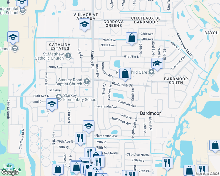 map of restaurants, bars, coffee shops, grocery stores, and more near 8631 Pelican Lane in Seminole