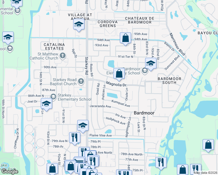 map of restaurants, bars, coffee shops, grocery stores, and more near 8675 Lantana Drive in Seminole