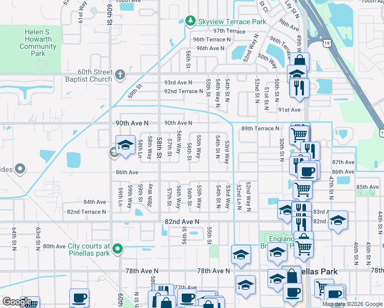 map of restaurants, bars, coffee shops, grocery stores, and more near 8800 56th Street in Pinellas Park