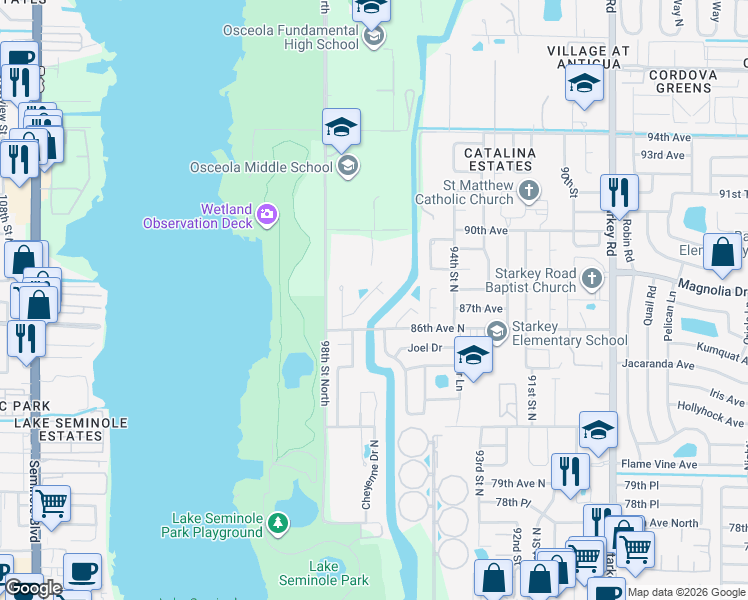 map of restaurants, bars, coffee shops, grocery stores, and more near 9555 86th Avenue in Seminole