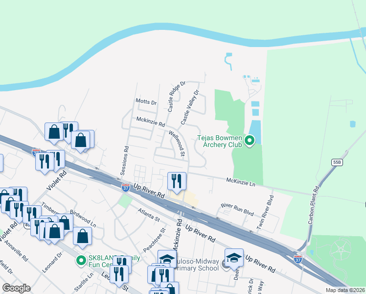 map of restaurants, bars, coffee shops, grocery stores, and more near 121 Wellwood Street in Corpus Christi