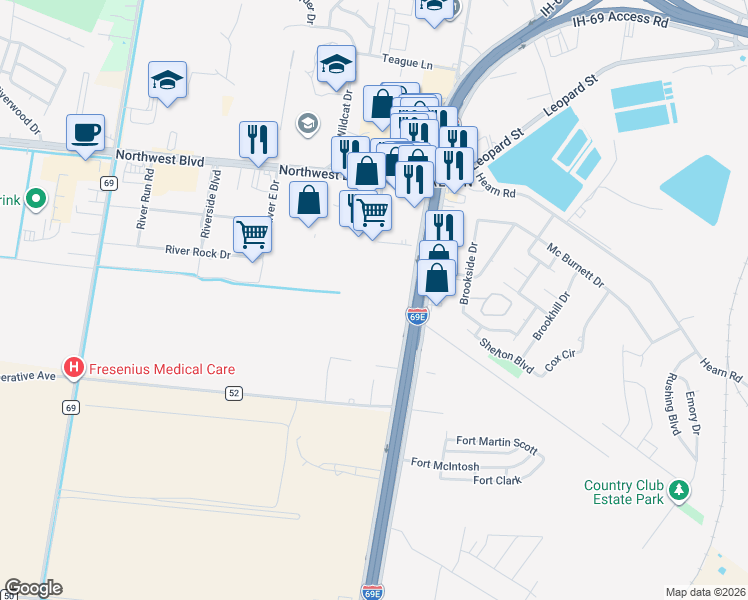 map of restaurants, bars, coffee shops, grocery stores, and more near 3701 Interstate Highway 69 Access Road in Corpus Christi