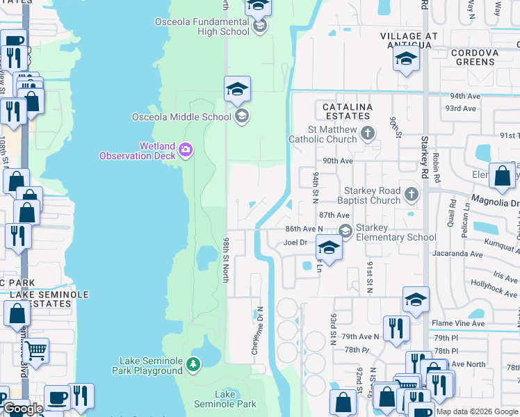 map of restaurants, bars, coffee shops, grocery stores, and more near 9555 86th Avenue in Seminole