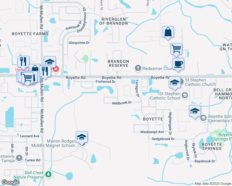 map of restaurants, bars, coffee shops, grocery stores, and more near 12141 Fruitwood Drive in Riverview