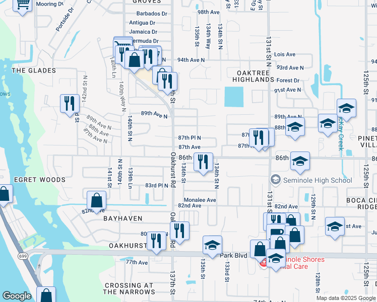 map of restaurants, bars, coffee shops, grocery stores, and more near 13623 87th Avenue in Seminole