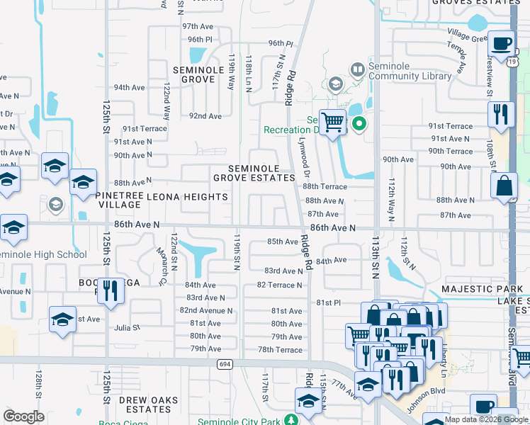 map of restaurants, bars, coffee shops, grocery stores, and more near 11755 87th Avenue in Seminole