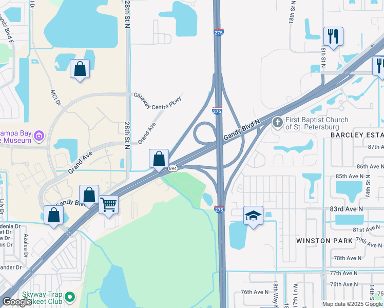 map of restaurants, bars, coffee shops, grocery stores, and more near Gandy Boulevard in St. Petersburg
