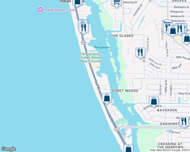map of restaurants, bars, coffee shops, grocery stores, and more near 19508 Florida 699 in Indian Shores