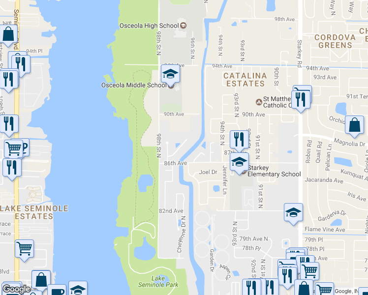 map of restaurants, bars, coffee shops, grocery stores, and more near 9683 86th Avenue in Seminole