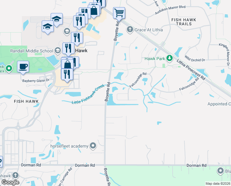map of restaurants, bars, coffee shops, grocery stores, and more near 16815 Harrierridge Place in Lithia