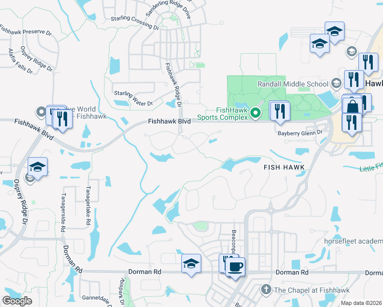 map of restaurants, bars, coffee shops, grocery stores, and more near 15865 Fishhawk View Drive in Lithia