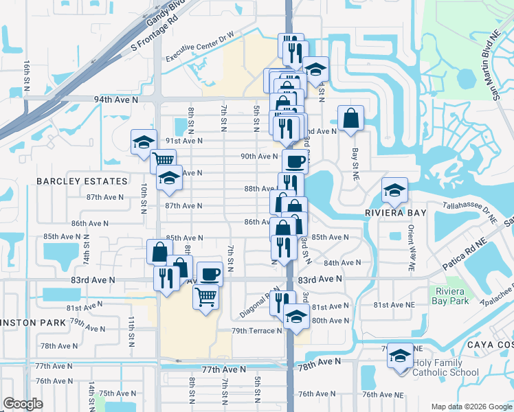 map of restaurants, bars, coffee shops, grocery stores, and more near 518 87th Terrace North in St. Petersburg