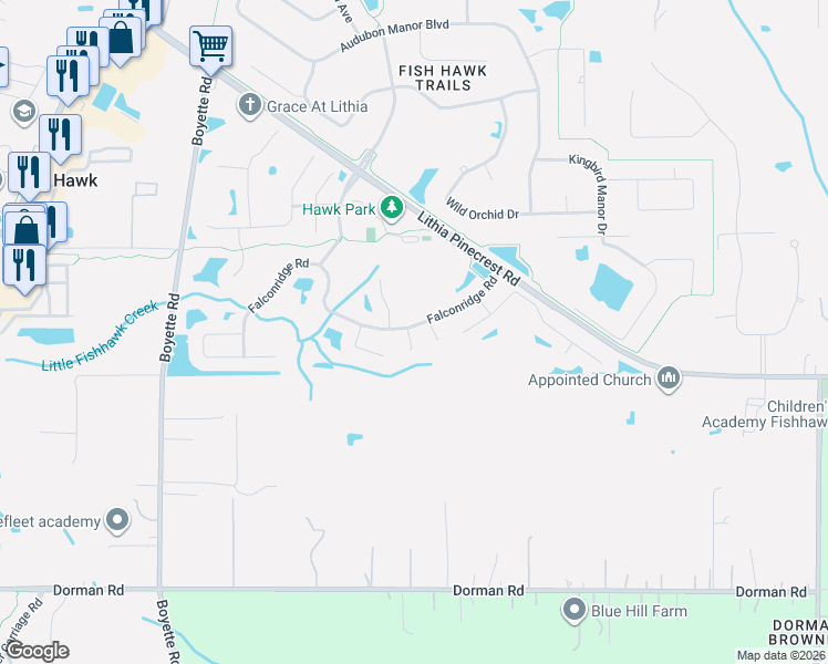 map of restaurants, bars, coffee shops, grocery stores, and more near 5902 Falconpark Court in Lithia