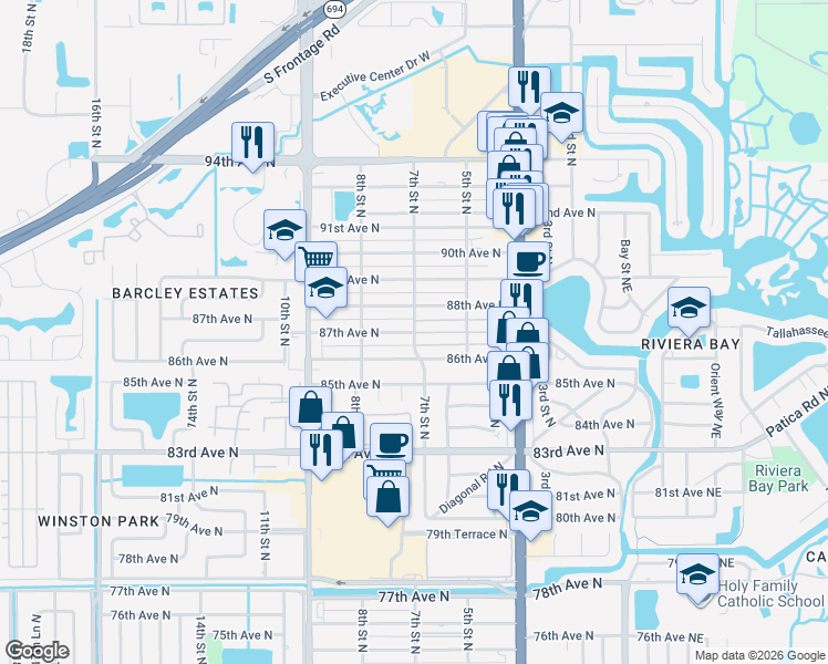 map of restaurants, bars, coffee shops, grocery stores, and more near 87th Avenue North in St. Petersburg