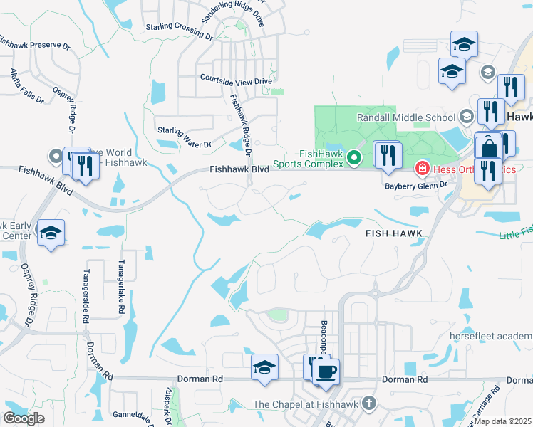 map of restaurants, bars, coffee shops, grocery stores, and more near 15867 Fishhawk View Drive in Lithia