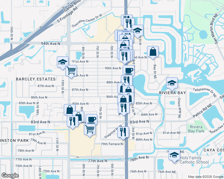 map of restaurants, bars, coffee shops, grocery stores, and more near 518 87th Terrace North in St. Petersburg