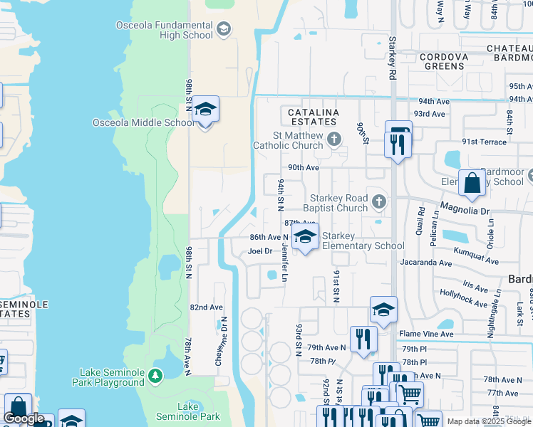 map of restaurants, bars, coffee shops, grocery stores, and more near 8762 Rue Chateaux Drive in Seminole