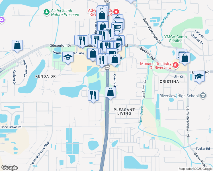 map of restaurants, bars, coffee shops, grocery stores, and more near 10225 U.S. 301 in Riverview