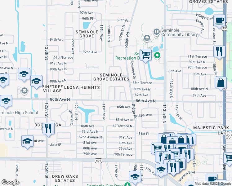 map of restaurants, bars, coffee shops, grocery stores, and more near 11755 87th Avenue in Seminole