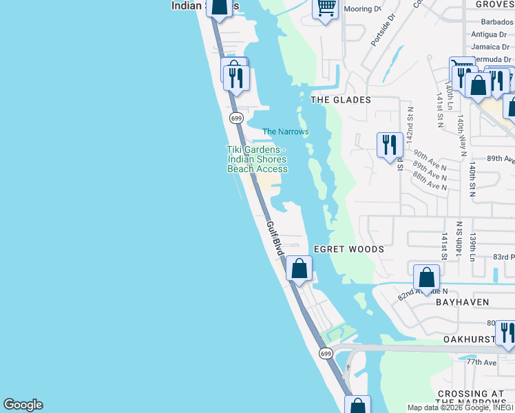 map of restaurants, bars, coffee shops, grocery stores, and more near 19508 Florida 699 in Indian Shores