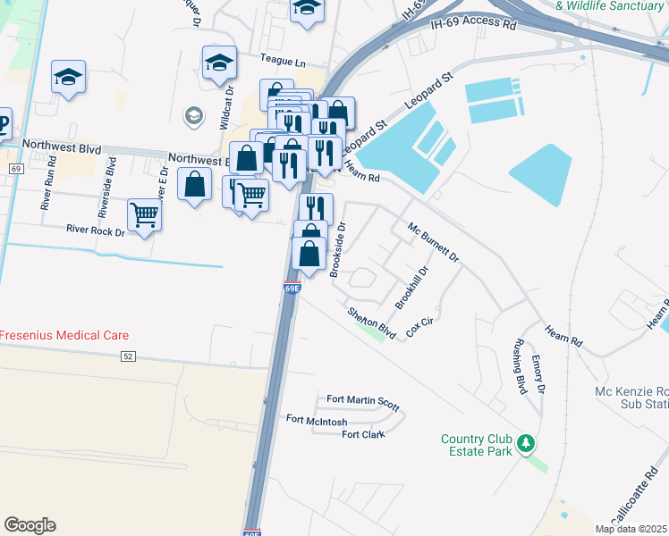 map of restaurants, bars, coffee shops, grocery stores, and more near 3701 Brookside Drive in Corpus Christi