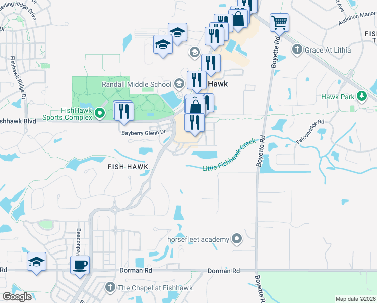 map of restaurants, bars, coffee shops, grocery stores, and more near 16438 Kingletridge Avenue in Lithia